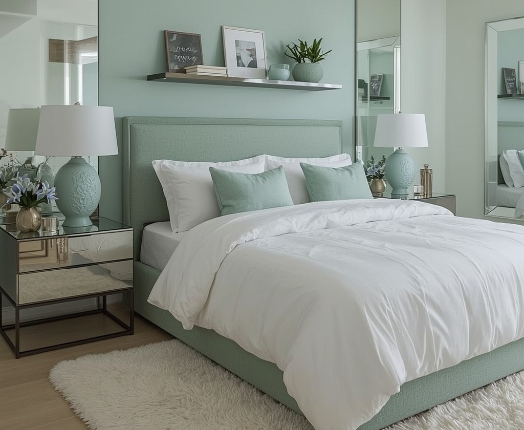 green coloured bedroom