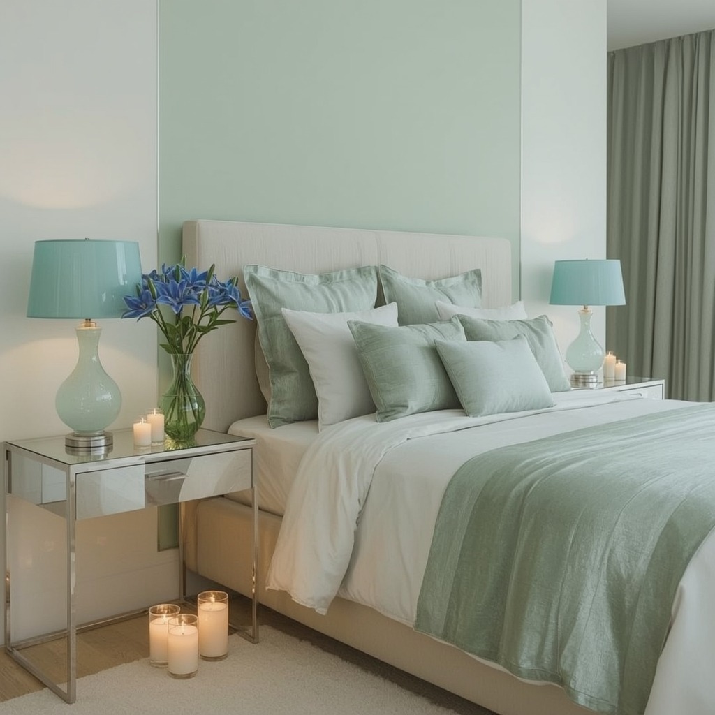 green coloured bedroom