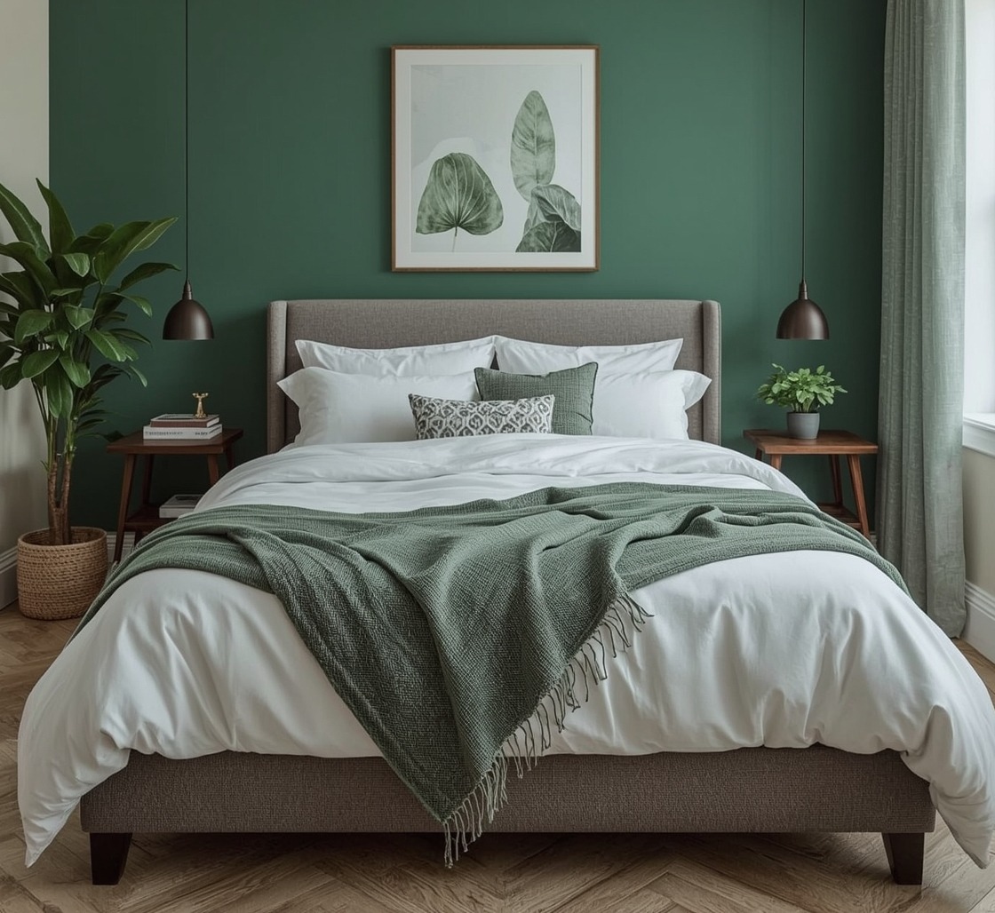 green coloured bedroom