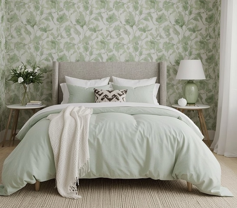 green coloured bedroom