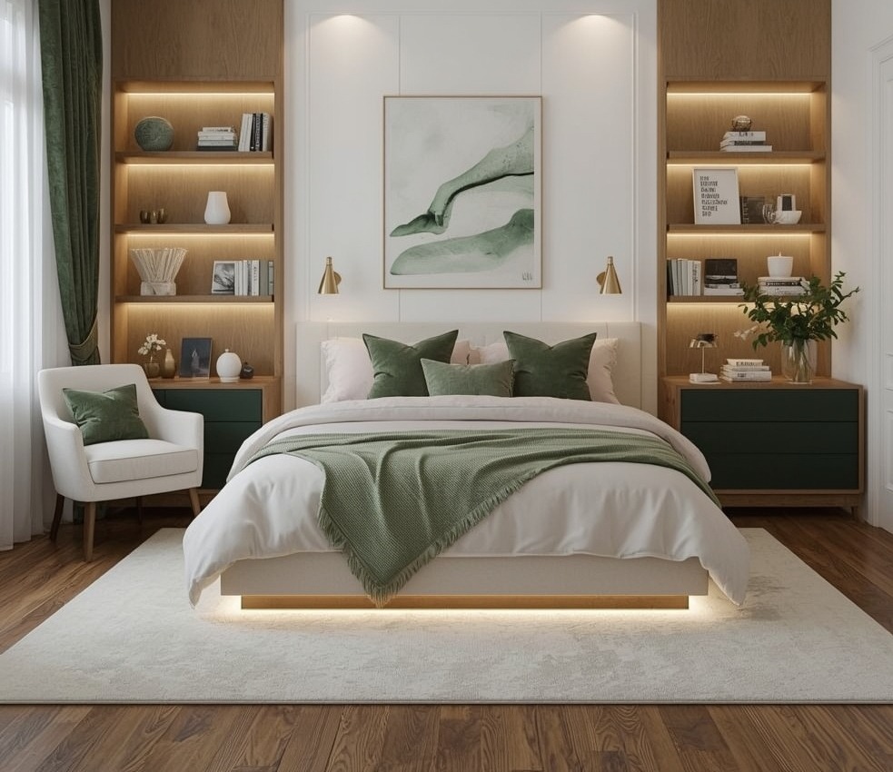 green coloured bedroom