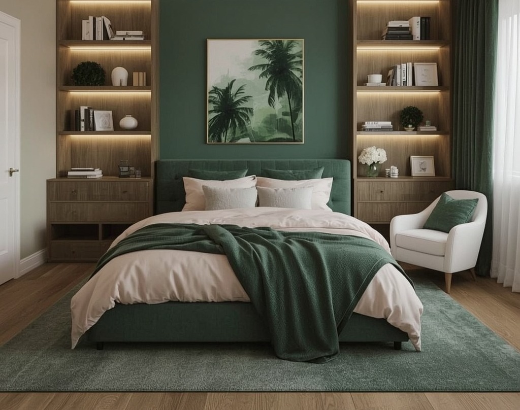 green coloured bedroom