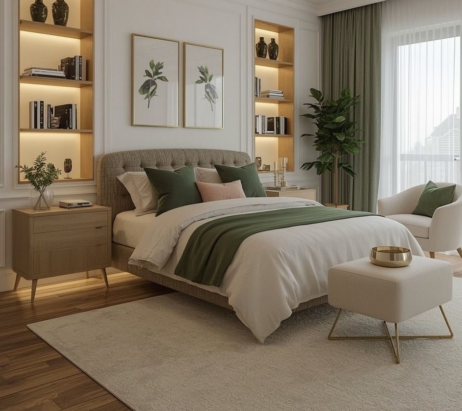 green coloured bedroom