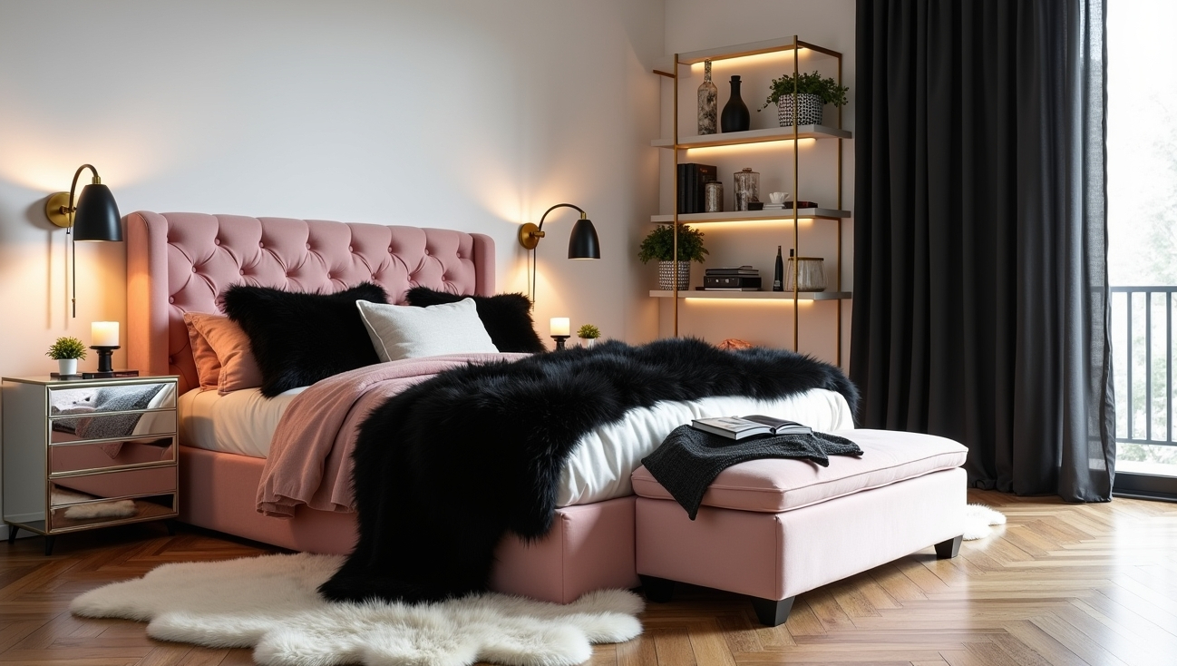 black and blush pink bedroom decor