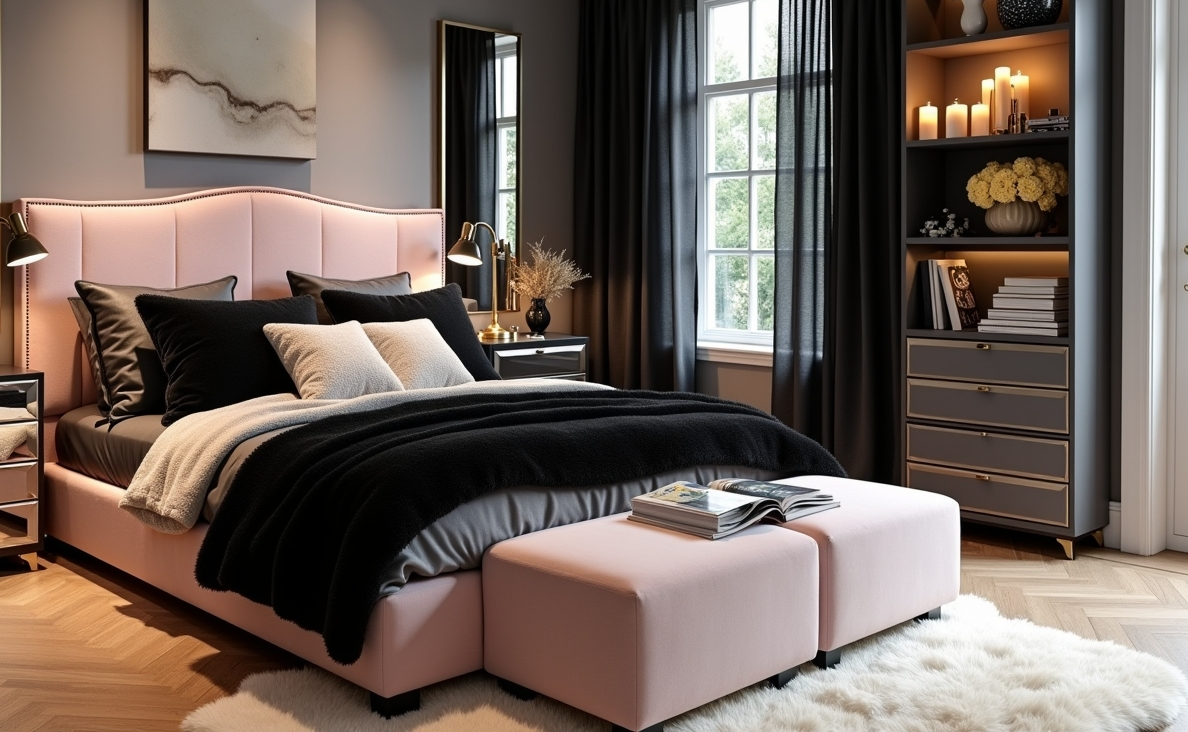 black and blush pink bedroom decor