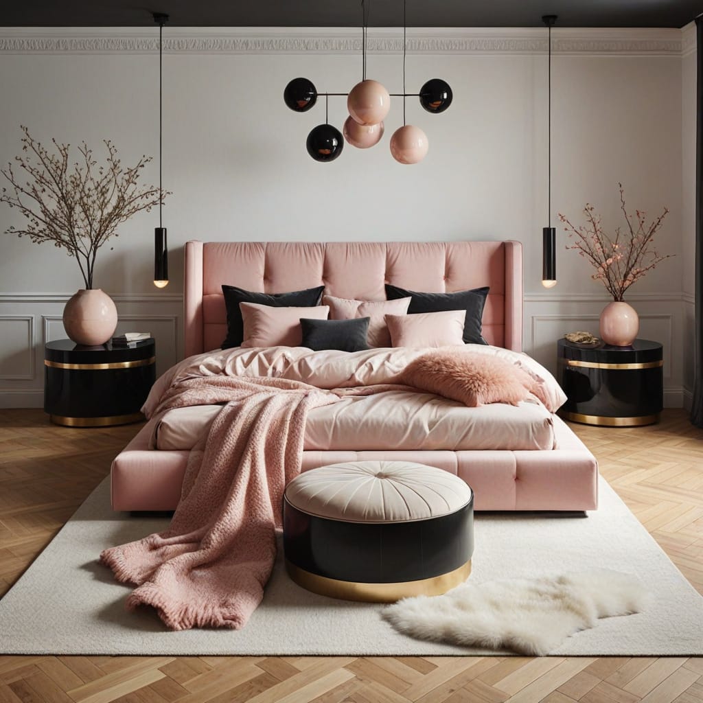 black and blush pink bedroom decor