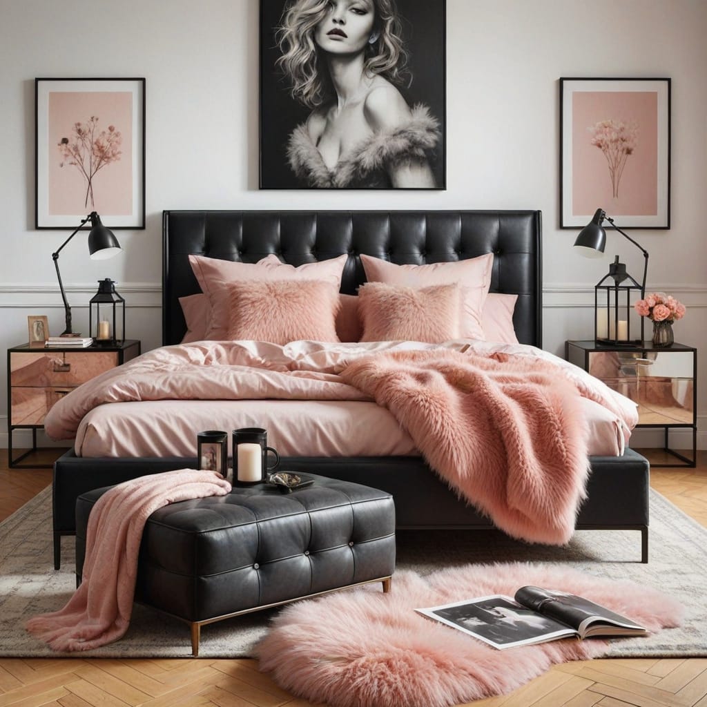 black and blush pink bedroom decor