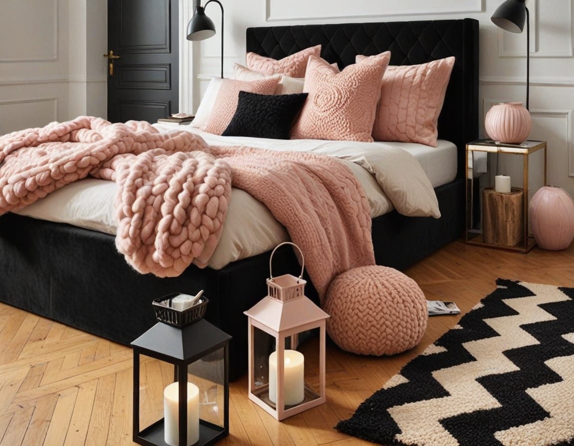black and blush pink bedroom decor