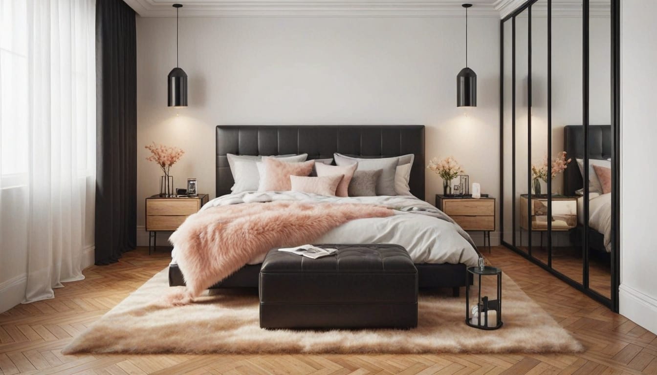 black and blush pink bedroom decor