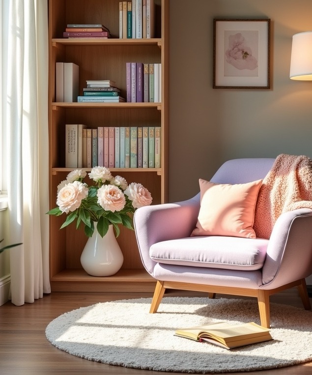 pastel hued reading nook
