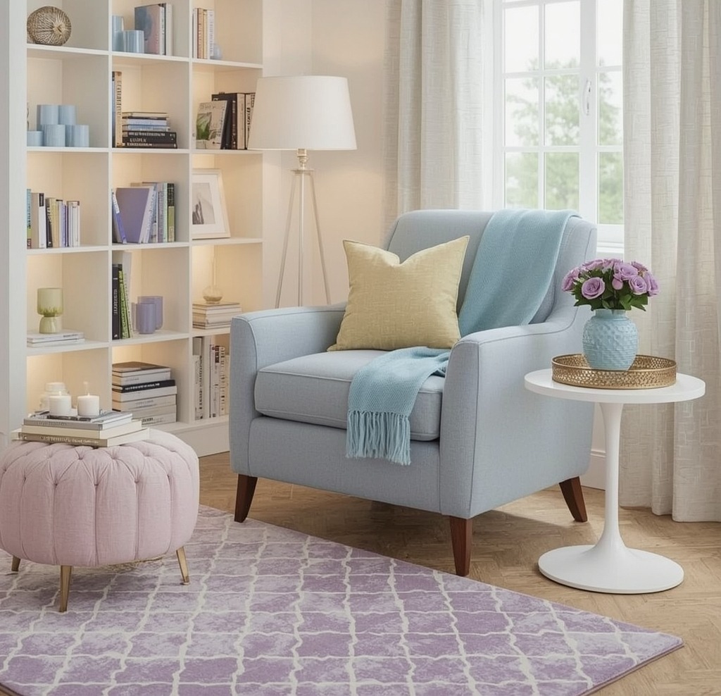 pastel hued reading nook