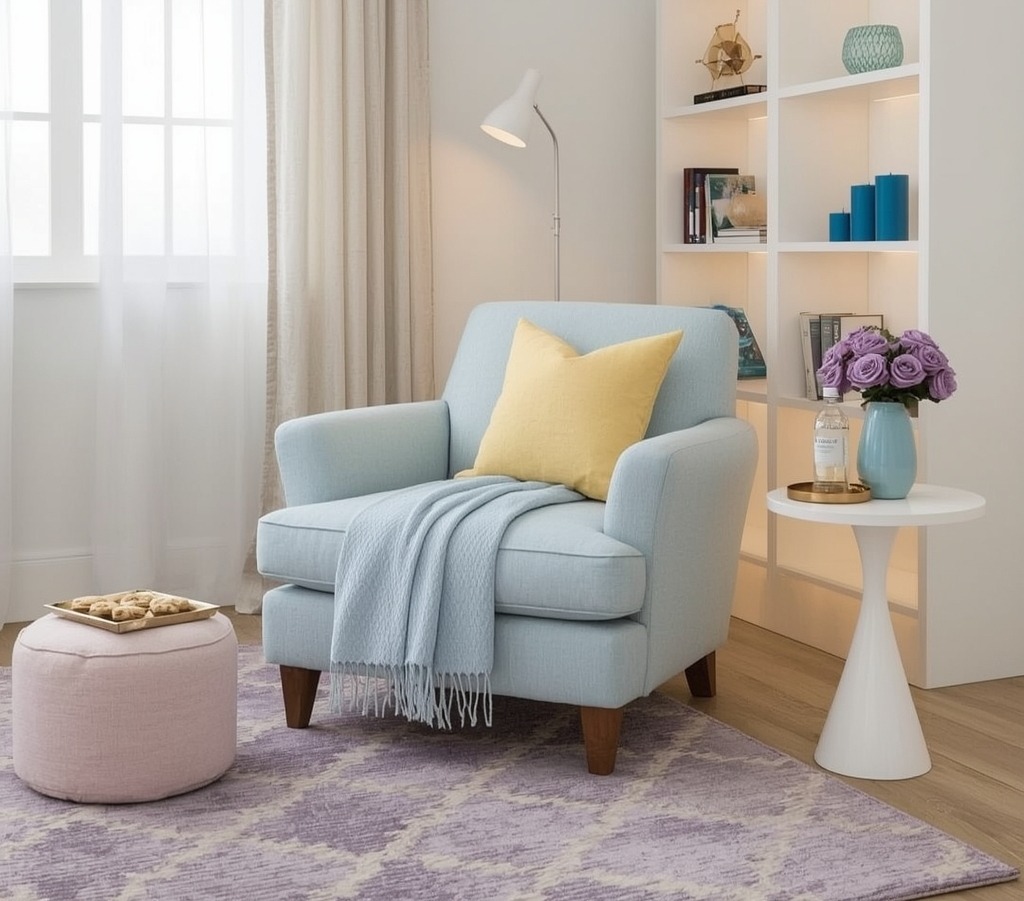 pastel hued reading nook