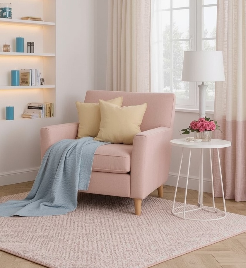 pastel hued reading nook