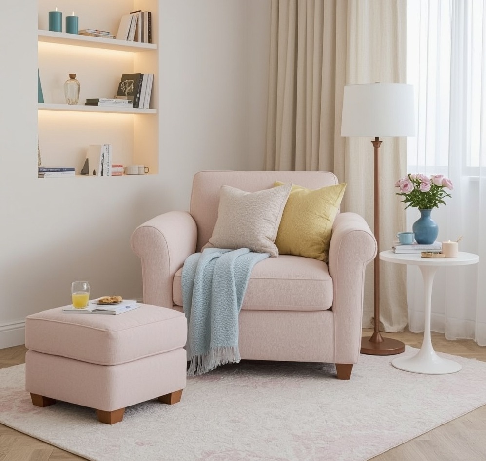pastel hued reading nook