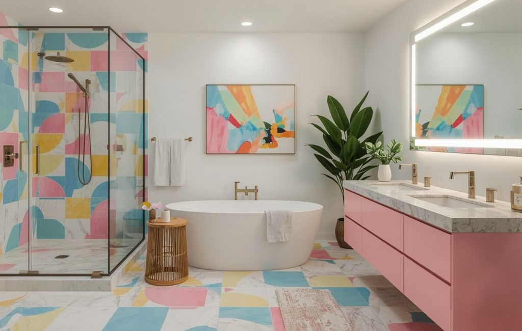 inexpensive and colourful bathroom