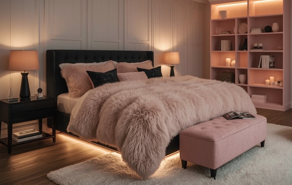 black and blush pink bedroom