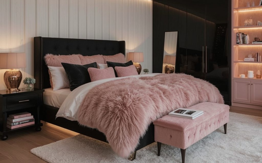 black and blush pink bedroom
