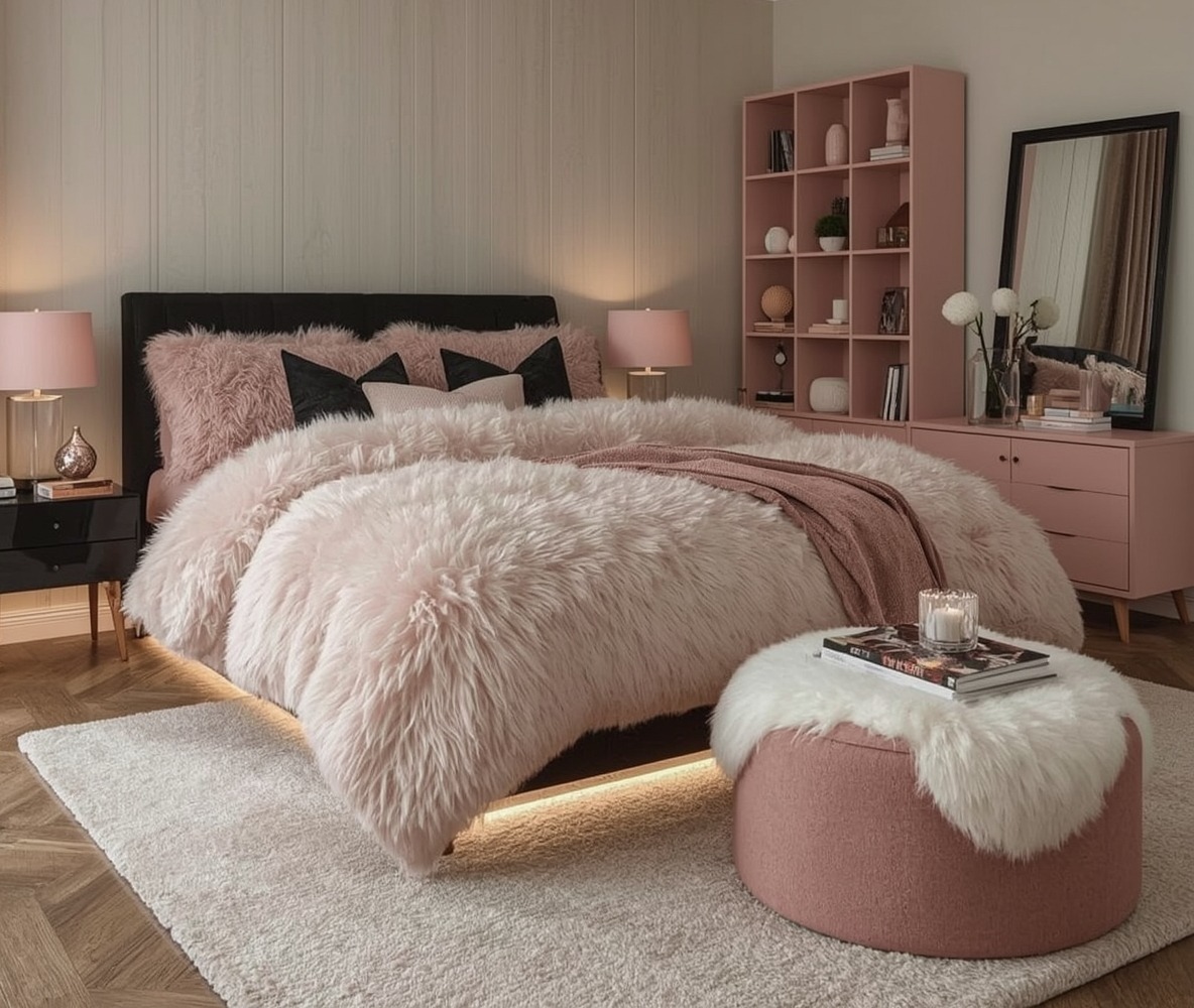 black and blush pink bedroom