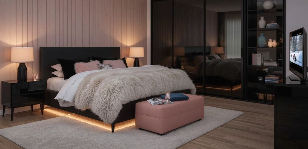 black and blush pink bedroom