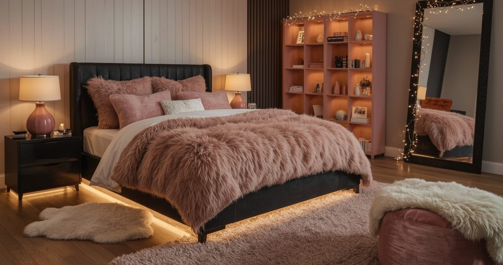 black and blush pink bedroom