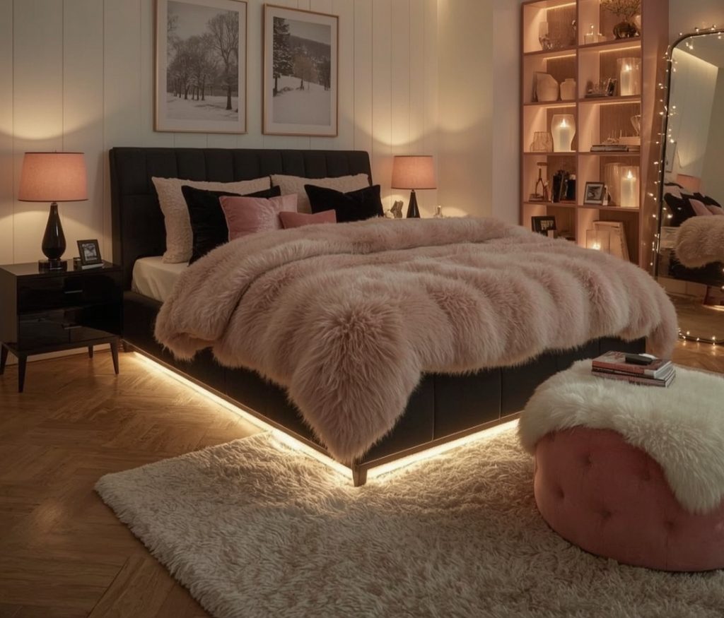 black and blush pink bedroom