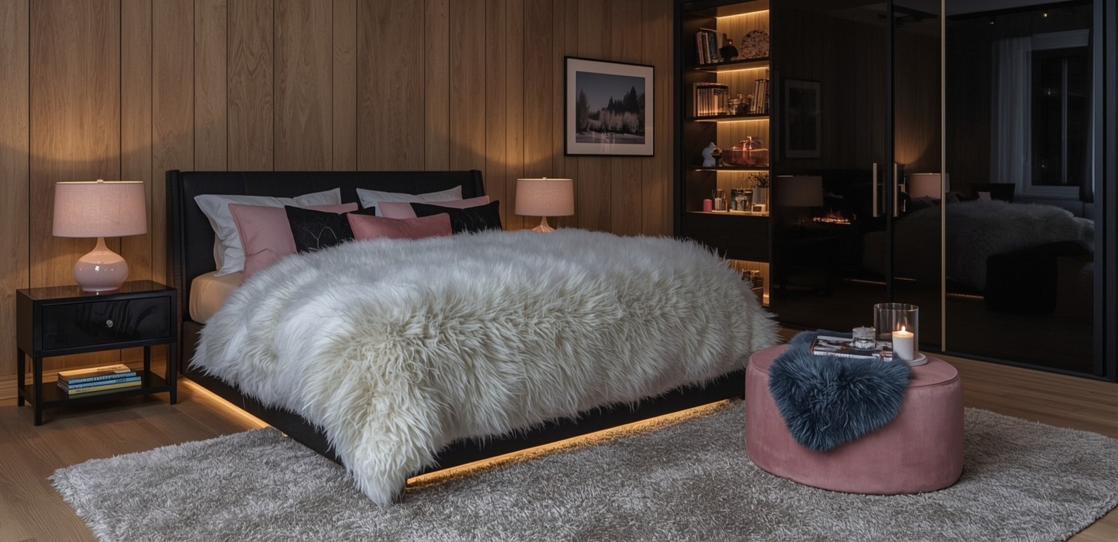 black and blush pink bedroom