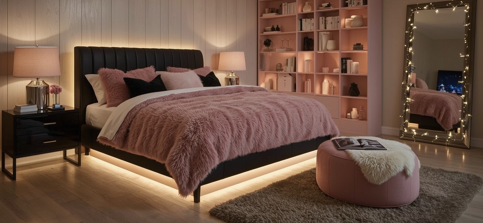 black and blush pink bedroom