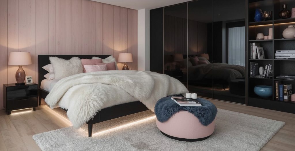 black and blush pink bedroom