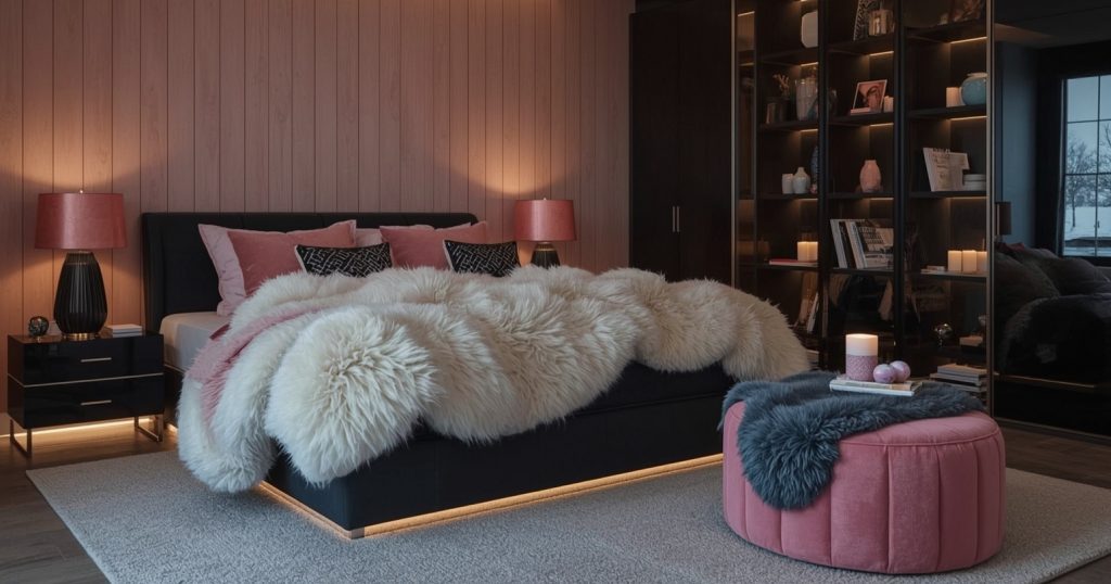 black and blush pink bedroom