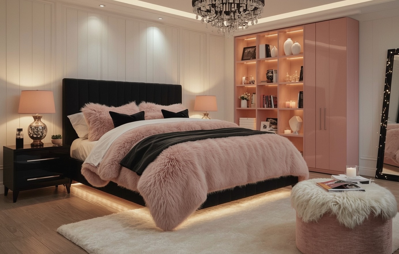 black and blush pink bedroom