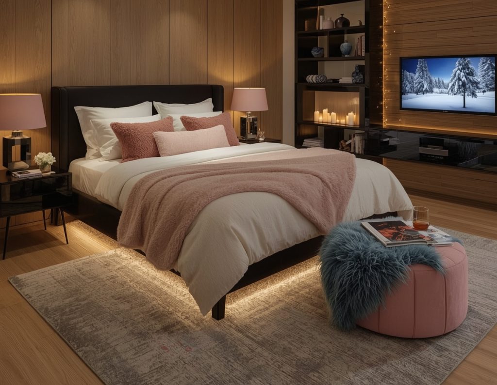 black and blush pink bedroom
