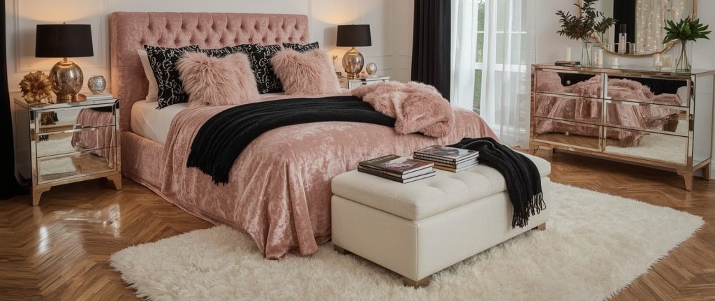 black and blush pink bedroom