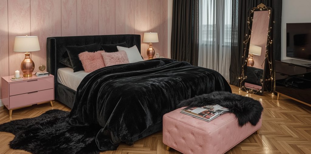 black and blush pink bedroom