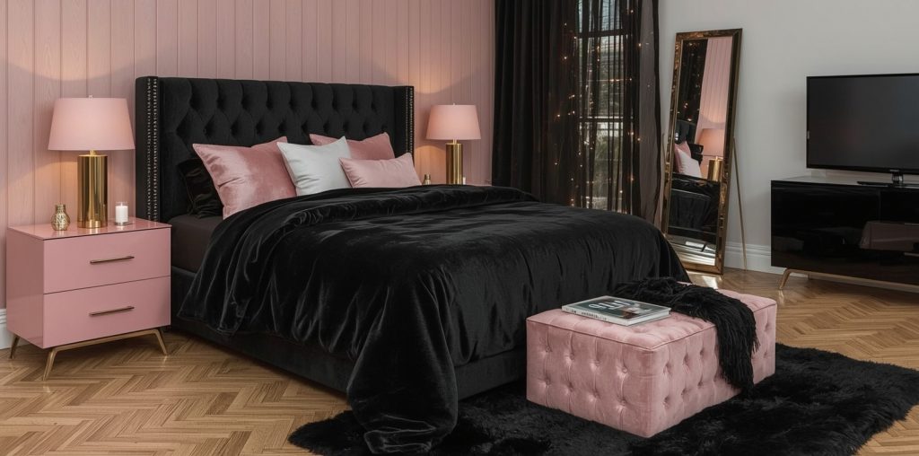 black and blush pink bedroom