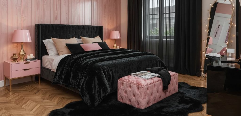 black and blush pink bedroom
