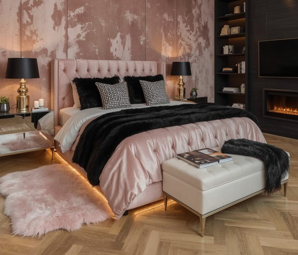 black and blush pink bedroom