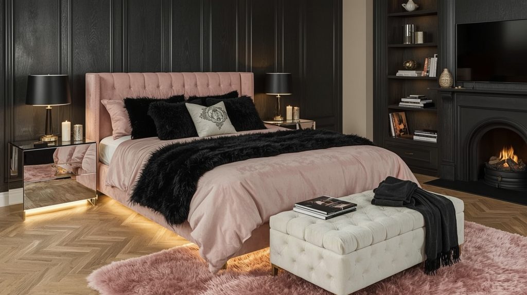 black and blush pink bedroom