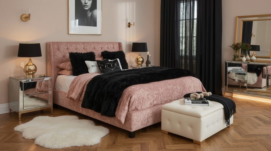 black and blush pink bedroom