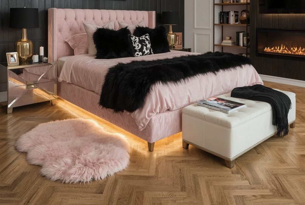 black and blush pink bedroom