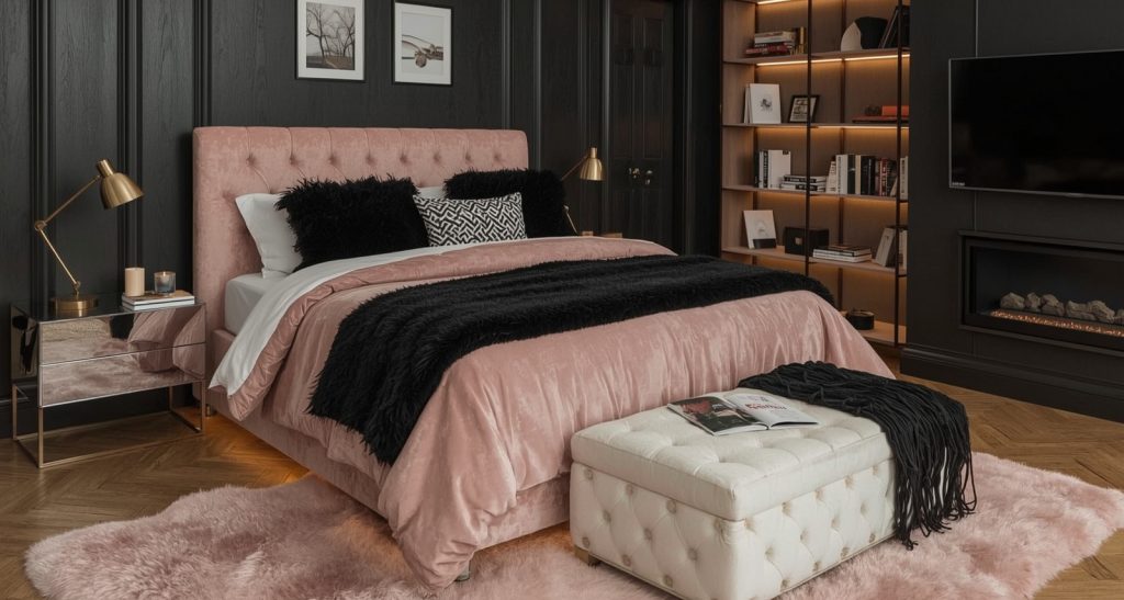 black and blush pink bedroom