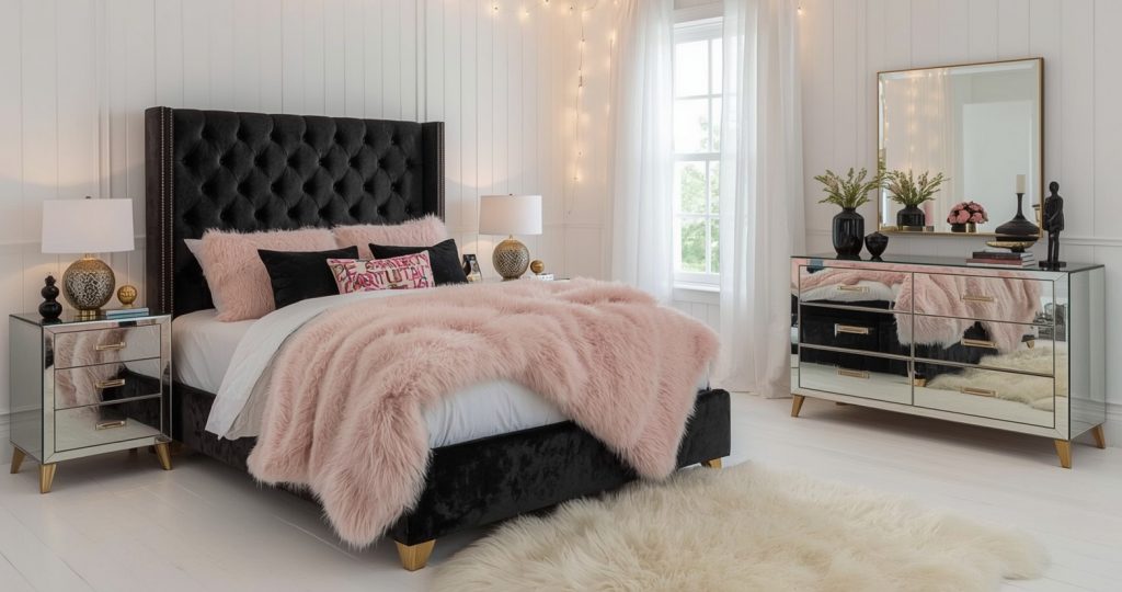 black and blush pink bedroom