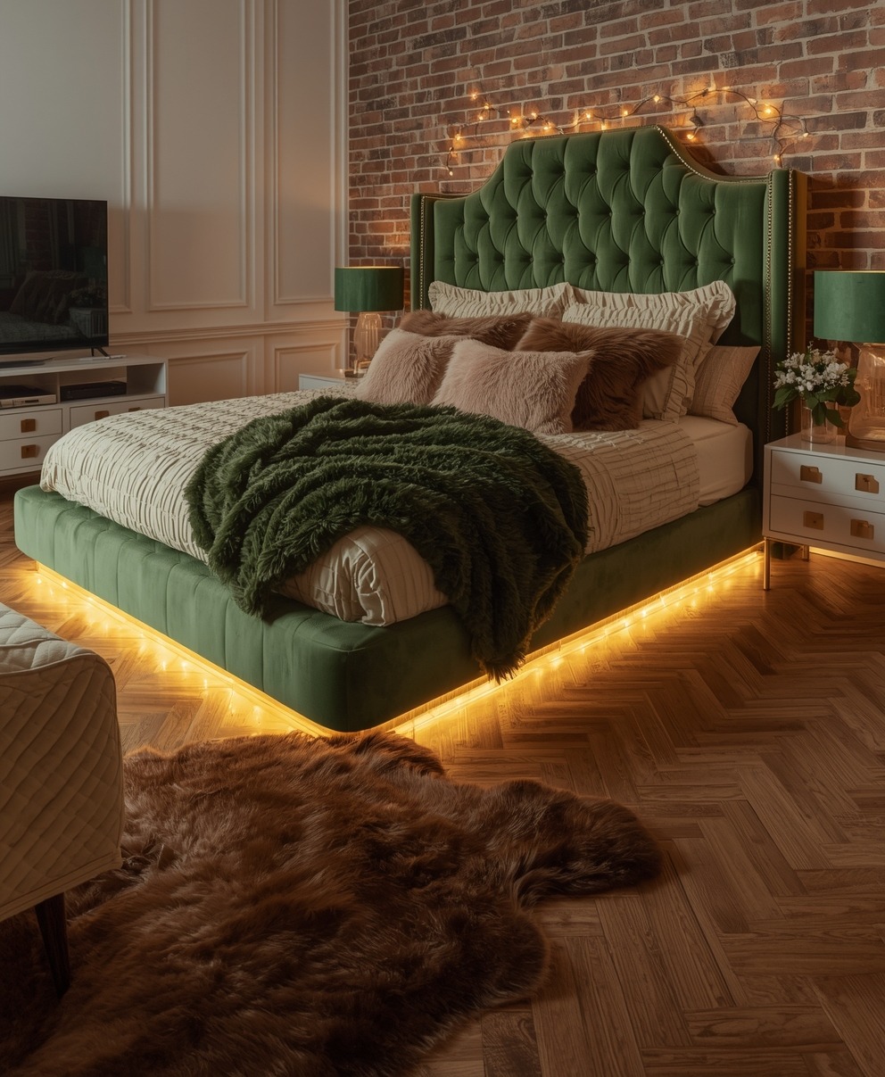 green coloured bedroom