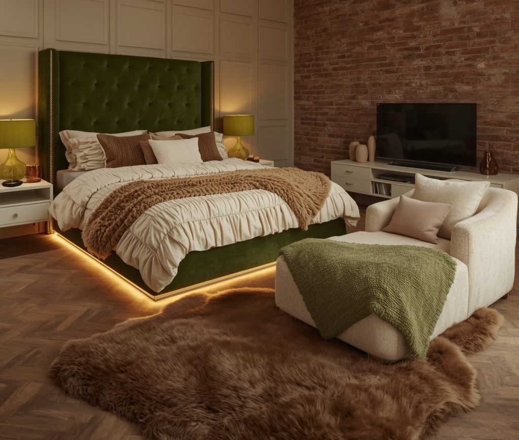 green coloured bedroom