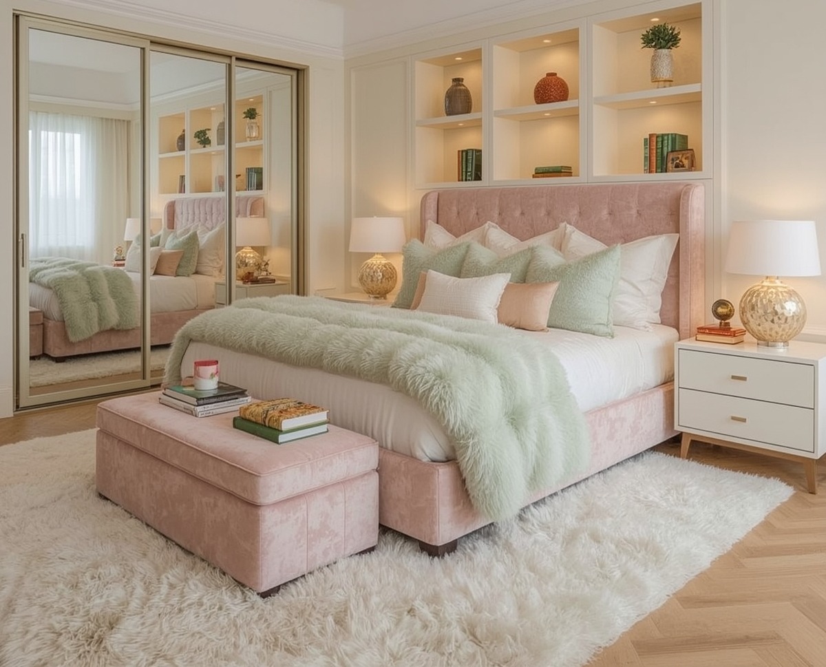 green coloured bedroom