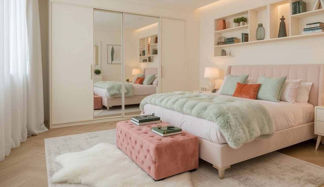 green coloured bedroom