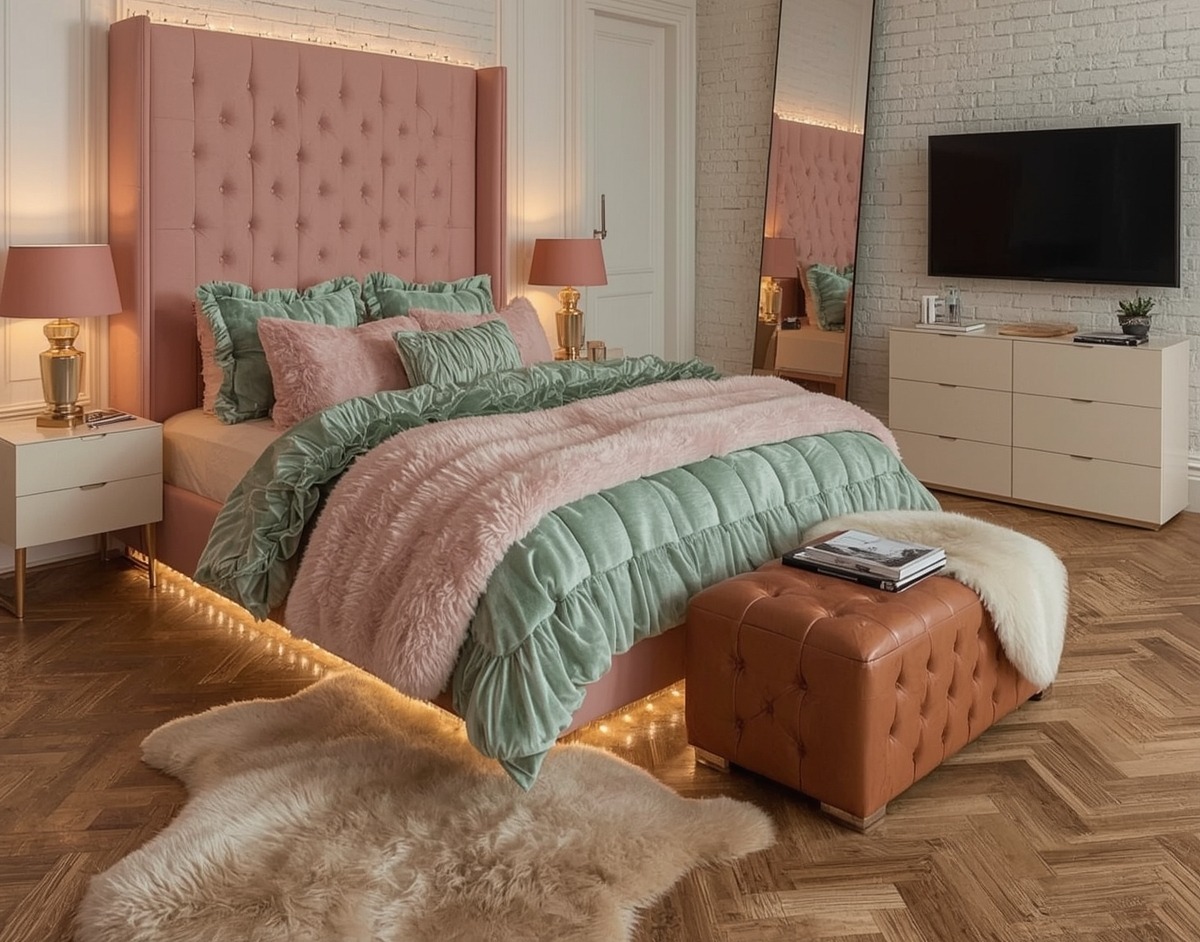 green coloured bedroom