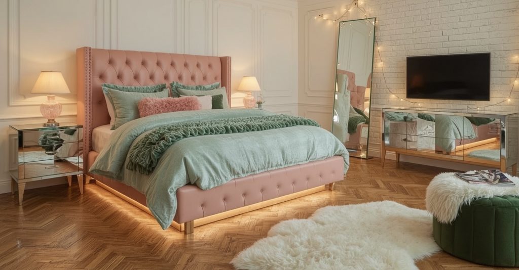 green coloured bedroom