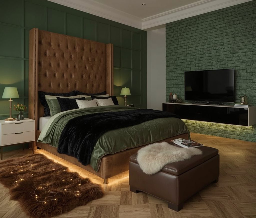 green coloured bedroom