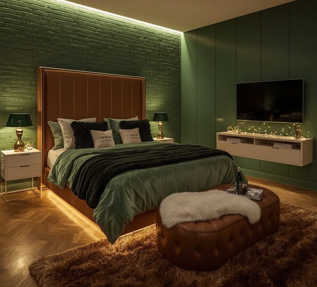 green coloured bedroom