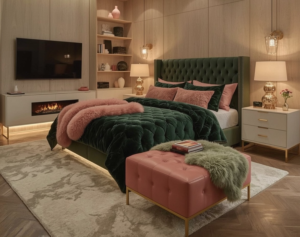 green coloured bedroom